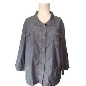 Chicos Chambray Button Up Shirt Sz 2 Large Blue Pockets Slit Sleeves READ